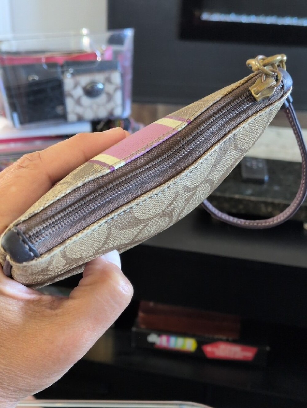 Coach Brown Signature Canvas Wristlet with Pink Stripe - Picture 5 of 7